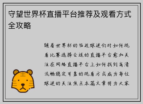 守望世界杯直播平台推荐及观看方式全攻略