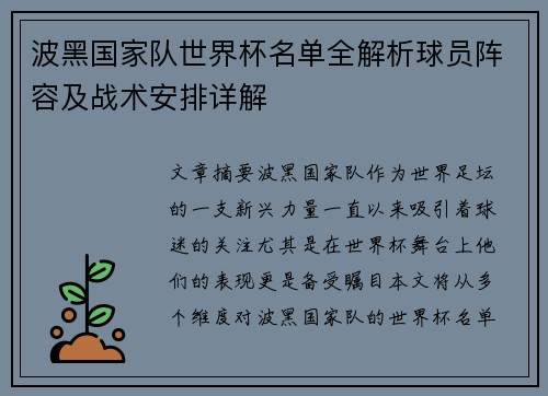 波黑国家队世界杯名单全解析球员阵容及战术安排详解