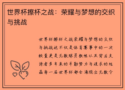 世界杯擦杯之战：荣耀与梦想的交织与挑战